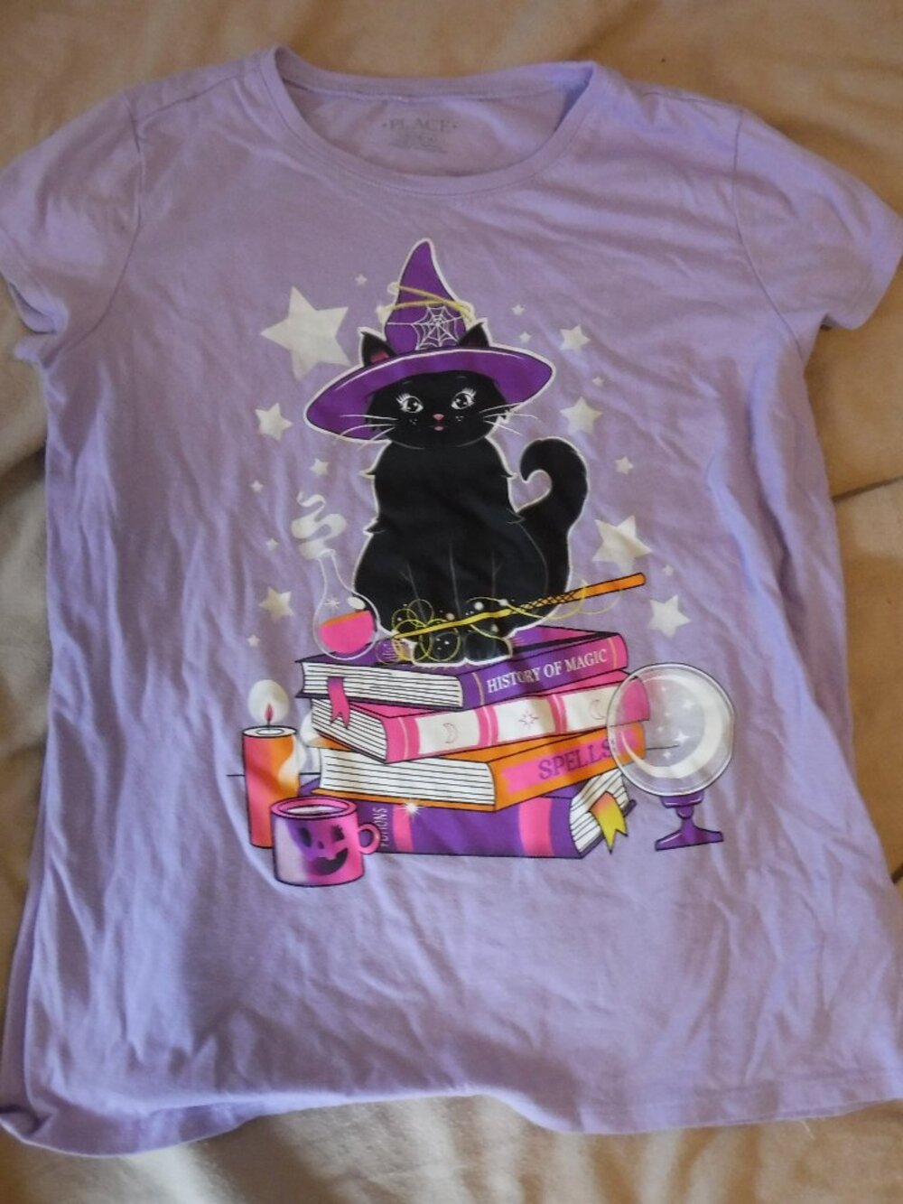 Childrens Place Girls Size XL Purple Short Sleeve Cat Graphic Shirt